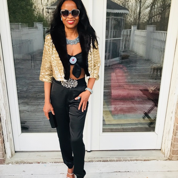 gold sequin IJ Fox sable brown mink fur jacket S-M - Picture 7 of 8